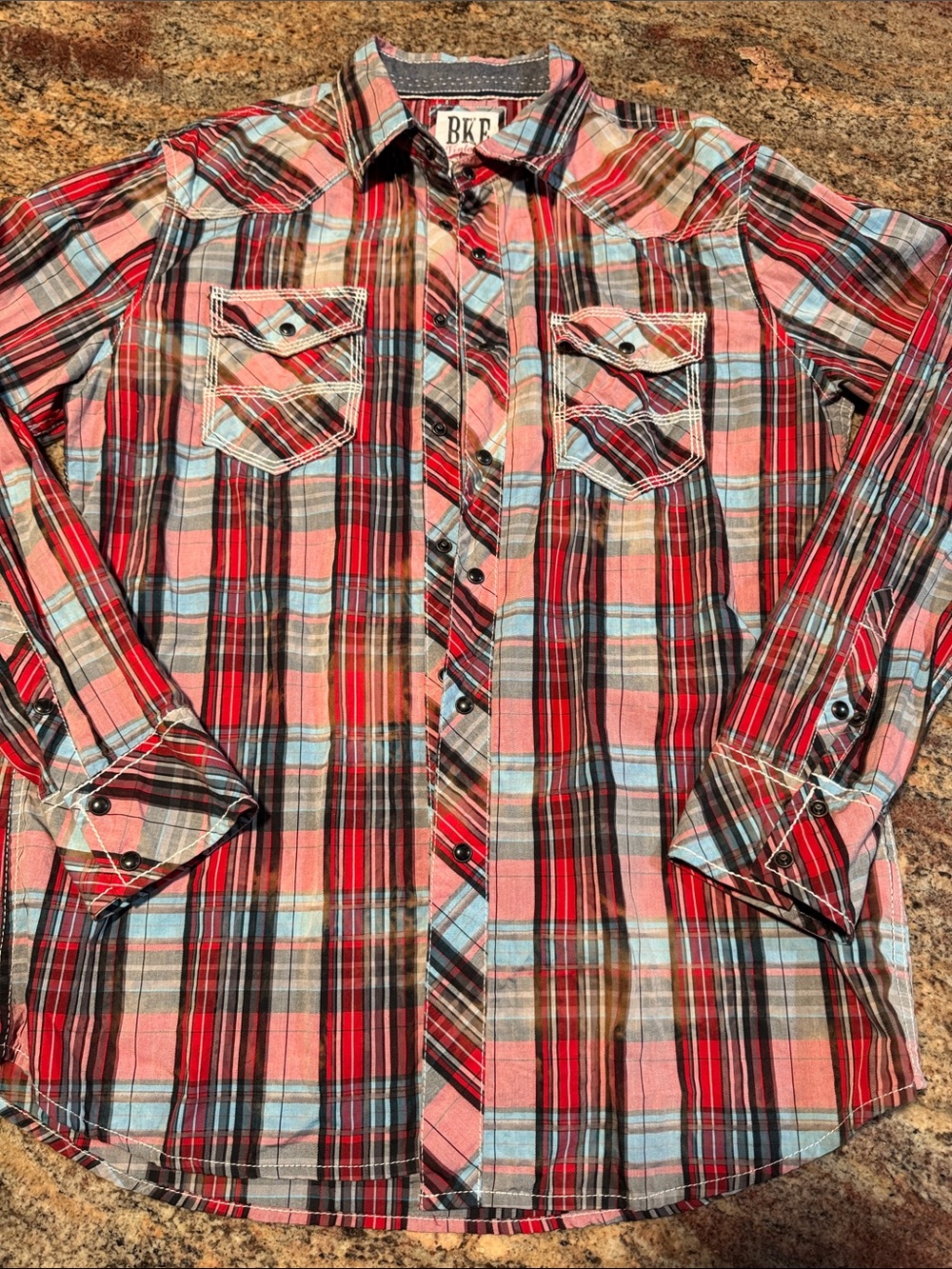 BKE Men's Red, Brown & Light Blue Plaid Button-Down Shirt